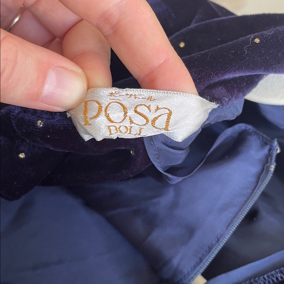 Vintage Posa Doll Long Sleeve Velvet Dress in Midnight Blue w/ Gold Polka Dots - Picture 9 of 9